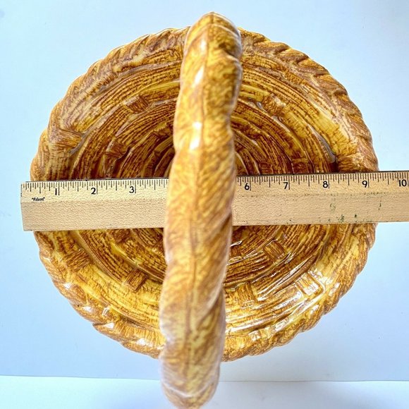 1970s Ceramic Wicker Basket Brown Yellow Twist Handle - Picture 8 of 8